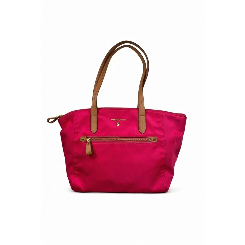 MICHAEL KORS Nylon Tote Bag Hot Pink Shoulder‎ Tote Zip Top Gold Hardware